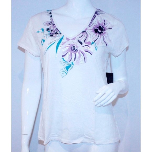 TAHARI Bally KNIT White Silver Purple FLORAL Print V-NECK Top SHIRT L - Picture 1 of 1